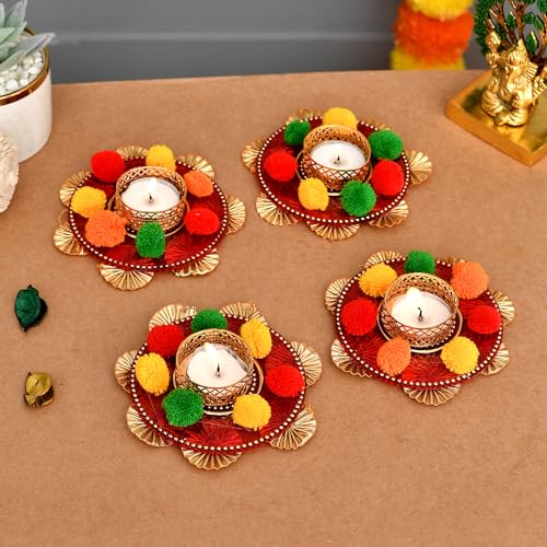 Collectible India Set of 4 Assorted Mix Color Flower Design Metallic Diya Tea Light Candle Holder for Home Office Decoration Puja Articles Decor Gift TeaLight (4 Pcs)